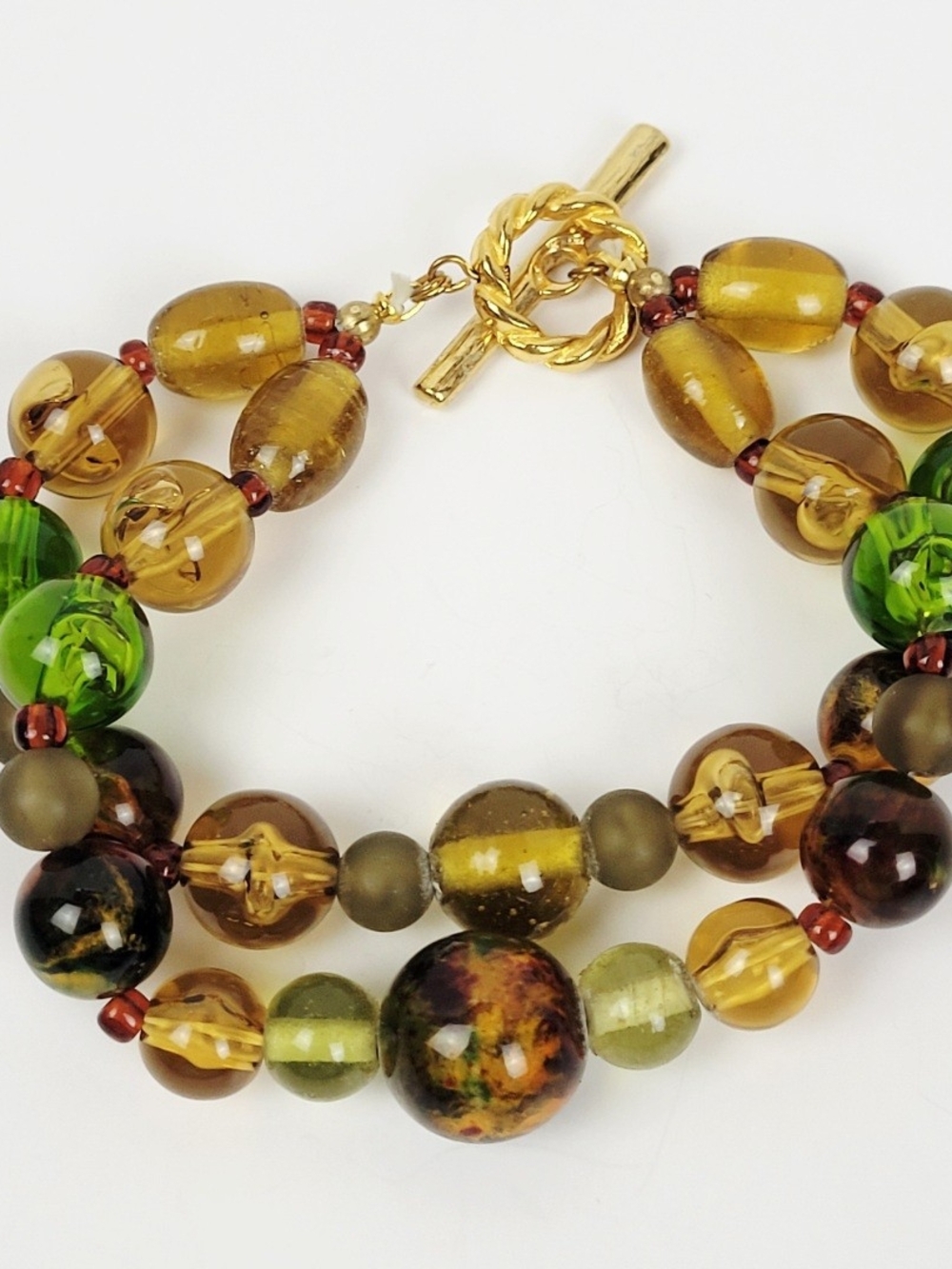 Vtg 70s~Lucite Double Strand Bracelet~Swirls Bubbles Earthtones~Toggle Clasp~9"